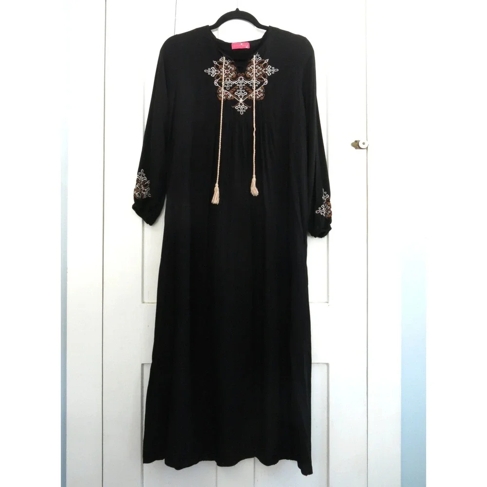 Modap Nhan Vintage Black Embroidered Rayon Maxi Dress 40 XS Whimsigoth Modest - Picture 2 of 8